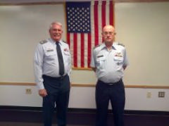 Capt Pete Wehr (left), the outgoing Commander, and Lt Ron Watkins (right) the new Commander of the Orange County Comp Squadron at the February 5, 2015 Change-in-Command ceremony.