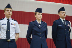 C/2nd Lt Josh Thompson, C/2nd Lt Hannah Fletcher, and C/2nd Lt Sam Smith, left, center, and right, respectively about to receive their Billy Mitchell Award.